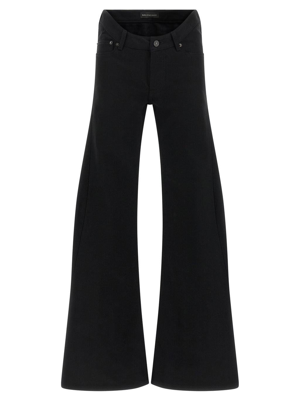 Jeans évasés en coton noir de la marque Balenciaga, montrant la coupe flared et la texture du tissu.