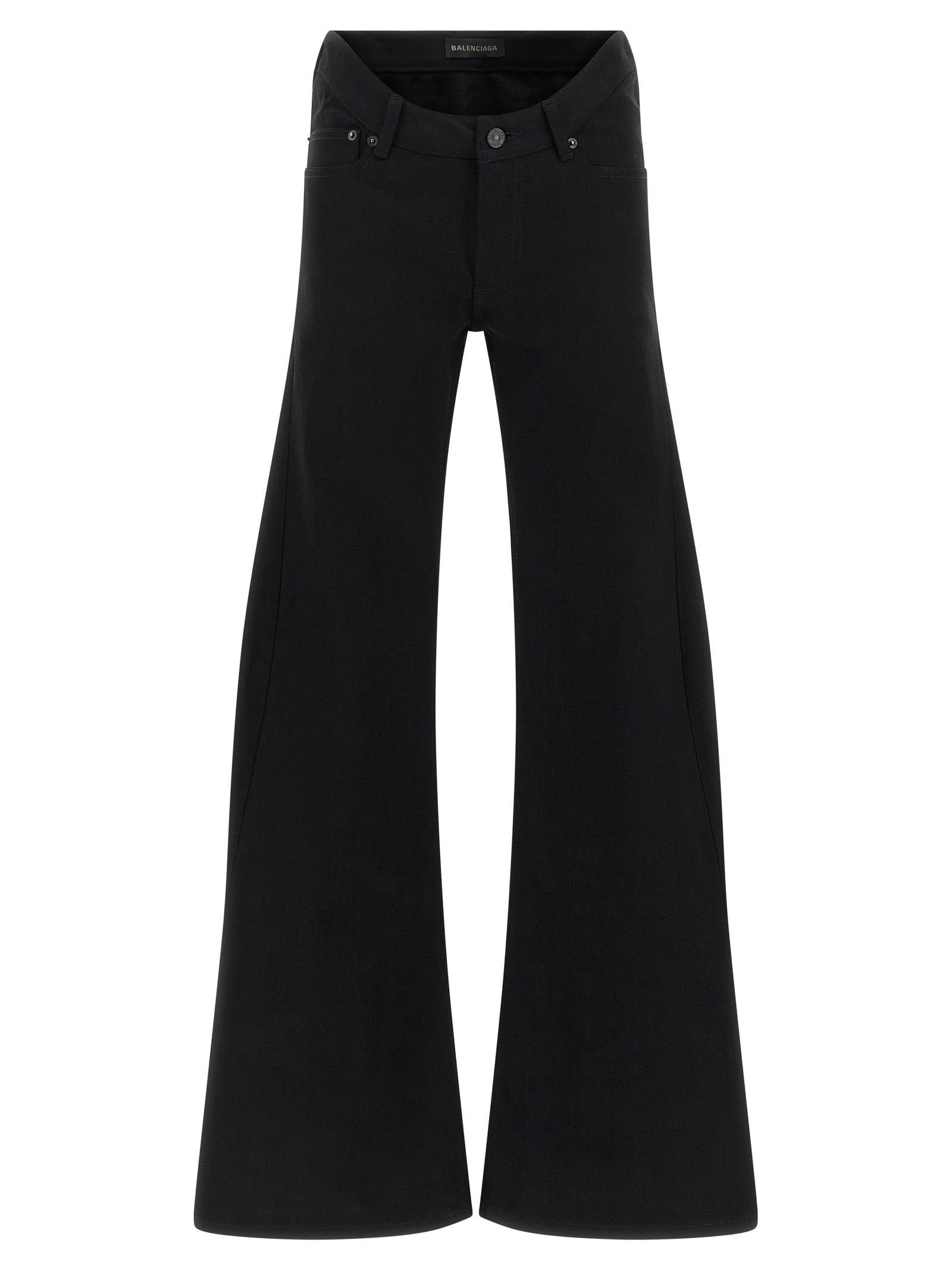 Jeans évasés en coton noir de la marque Balenciaga, montrant la coupe flared et la texture du tissu.