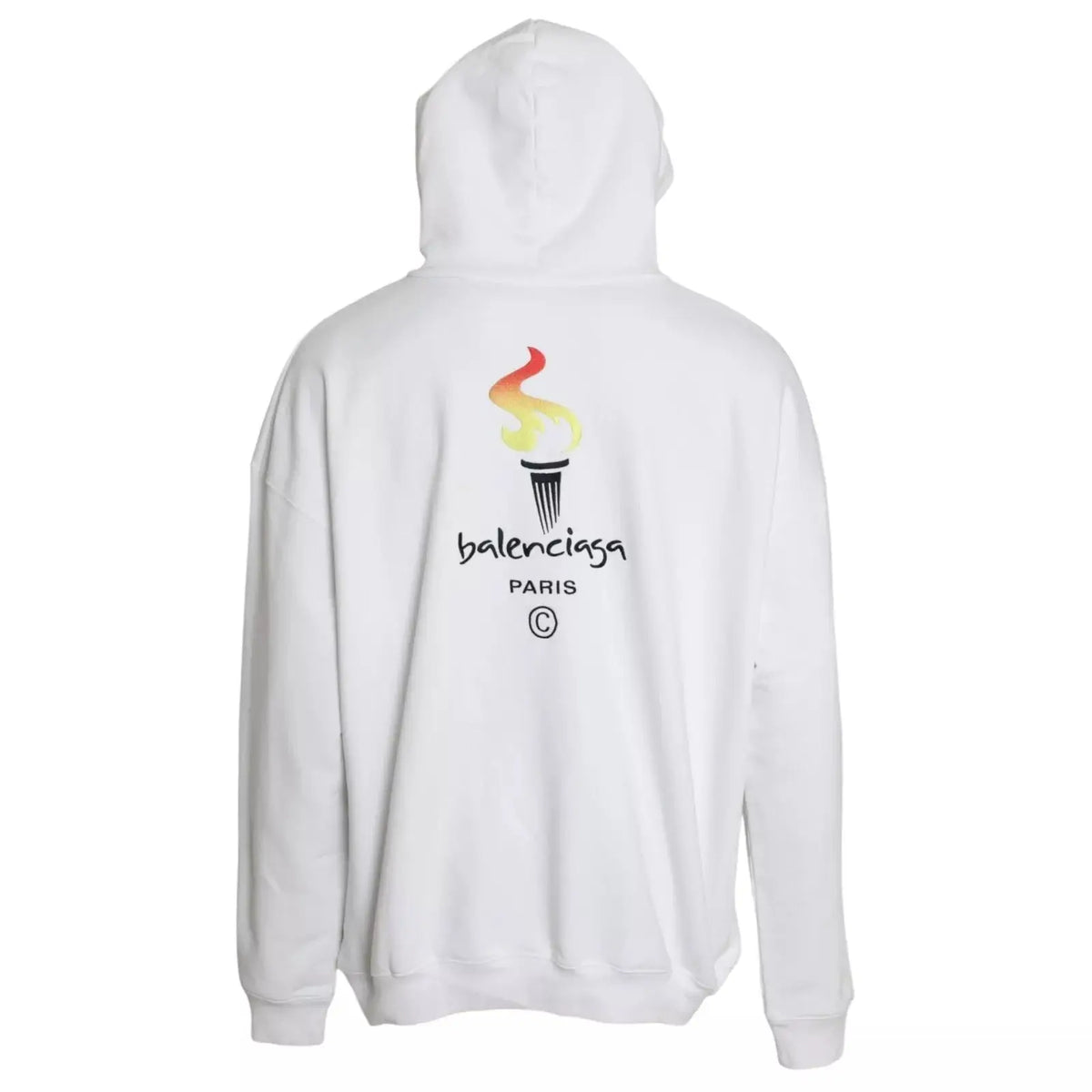 Vue arrière du hoodie blanc balenciaga en coton avec impression colorée flamme olympique oversized