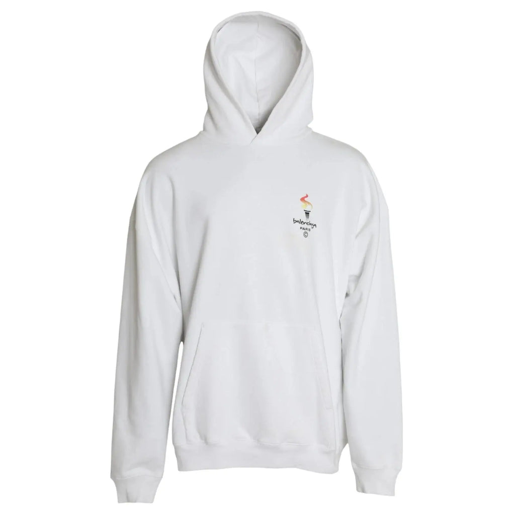 Balenciaga white cotton hooded pullover oversize sweater with small embroidered torch logo on chest