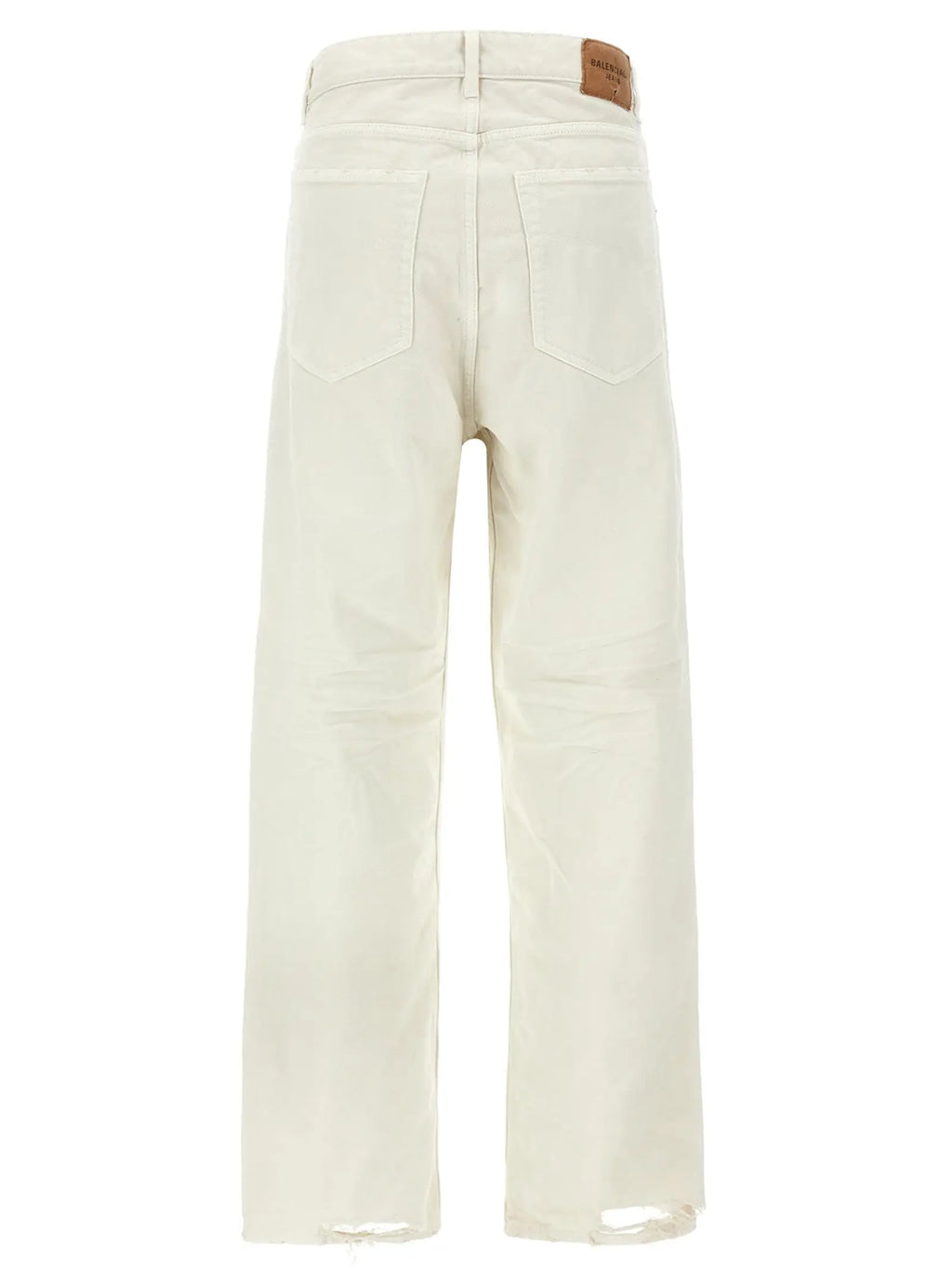 Jeans en denim blanc crème balenciaga avec jambes larges revers brut et patch en cuir marron à la taille vue arrière