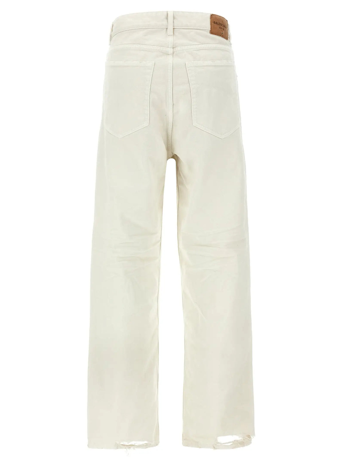 Jeans en denim blanc crème balenciaga avec jambes larges revers brut et patch en cuir marron à la taille vue arrière