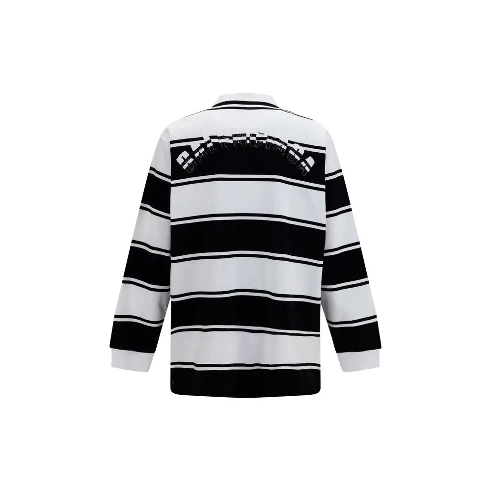 Chemise polo blanche en coton balenciaga avec manches longues rayées noir et blanc et logo brodé sur les épaules vue dos
