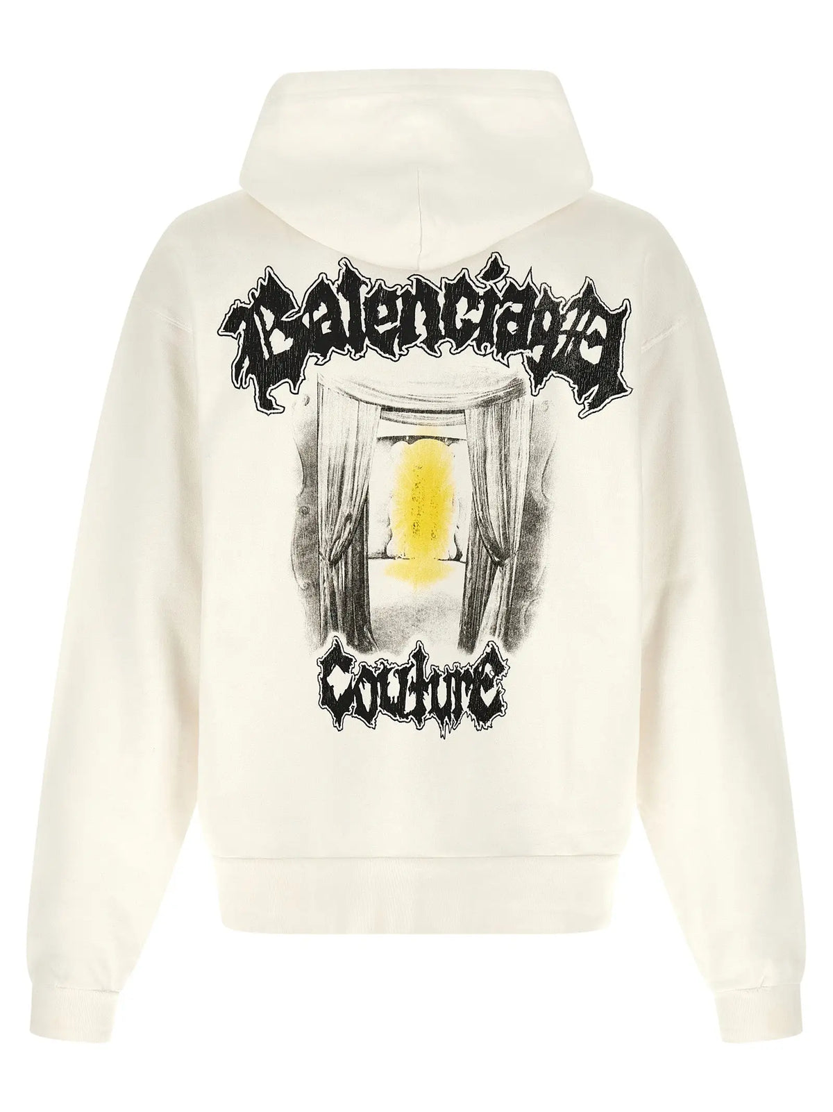 Sweatshirt blanc en coton balenciaga avec capuche crème et imprimé graphique noir et jaune d un rideau ouvert