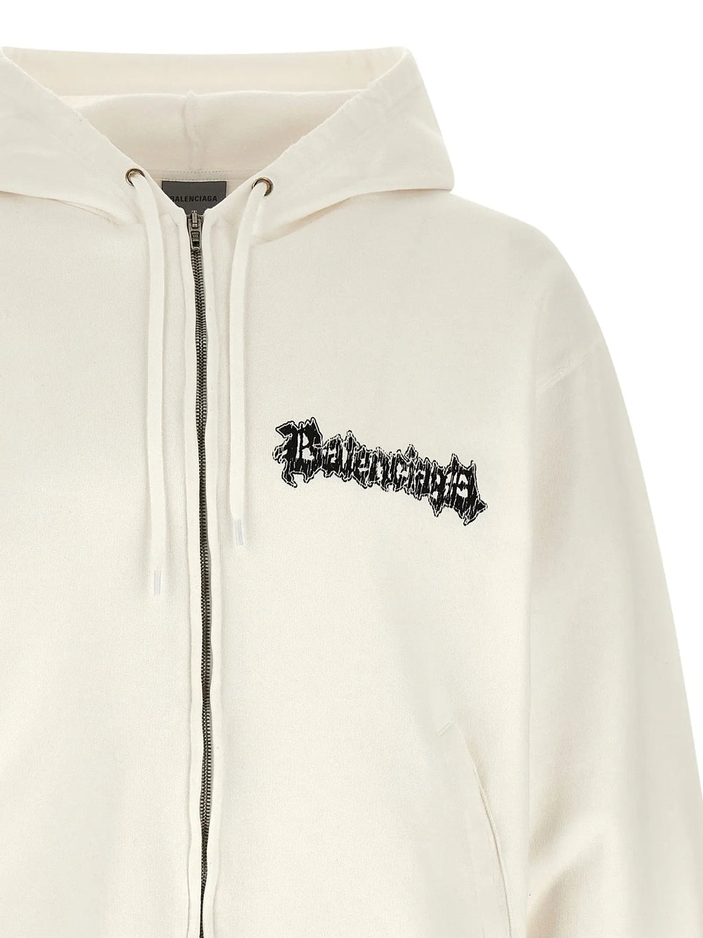 Sweatshirt balenciaga blanc en coton avec capuche zippée couleur crème et logo noir brodé sur la poitrine