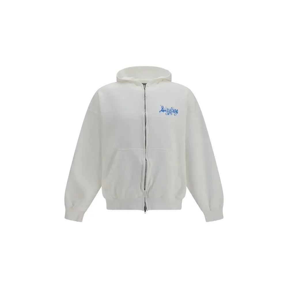 Balenciaga white cotton sweatshirt off-white zip-up hoodie with subtle blue embroidered logo on the chest
