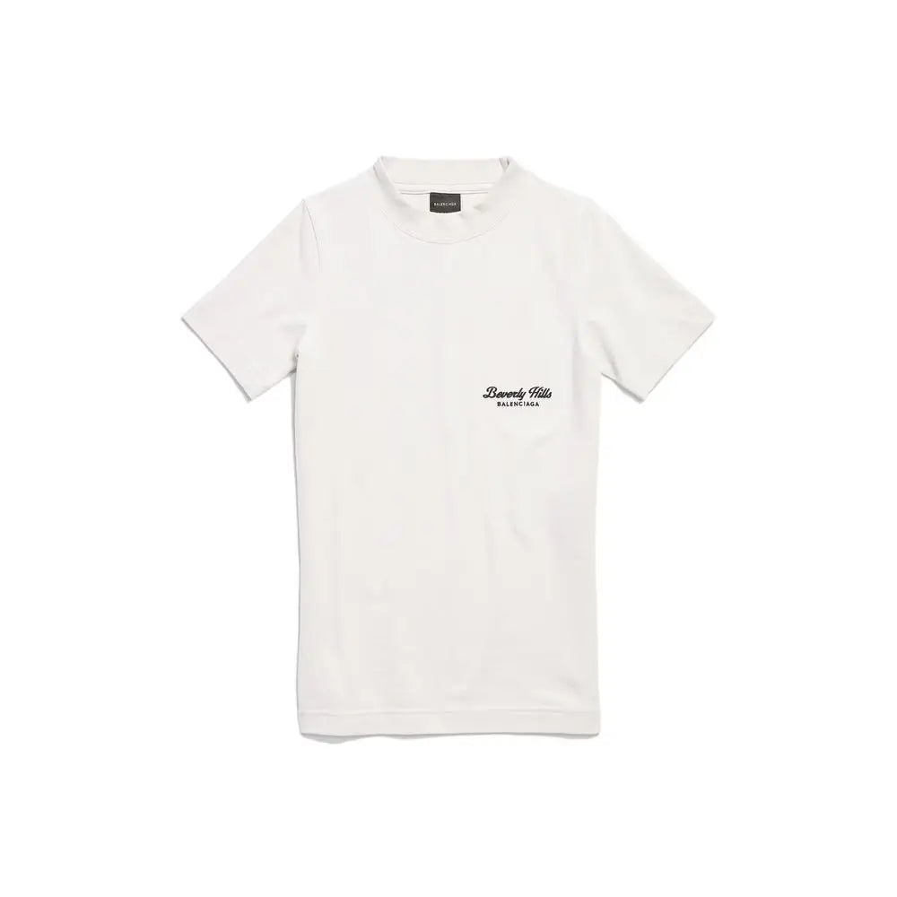 T-shirt balenciaga blanc en coton avec logo script beverly hills noir subtil sur la poitrine