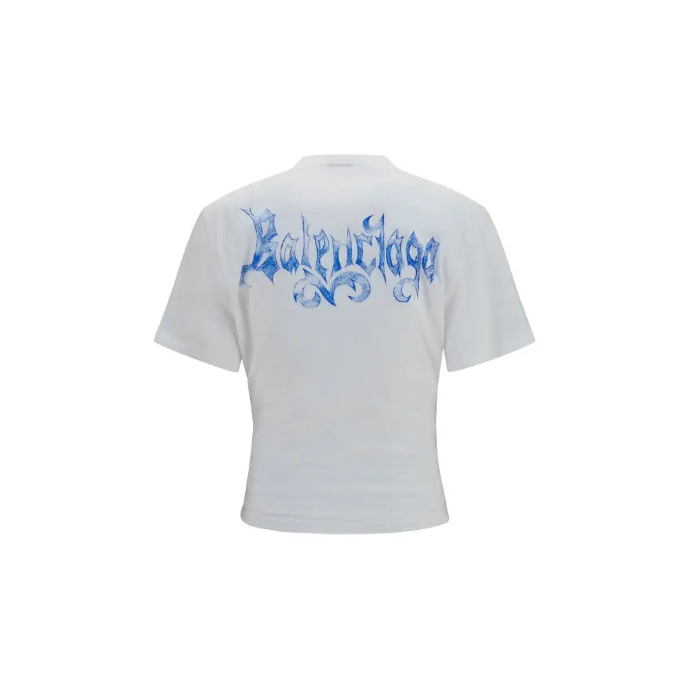T-shirt blanc balenciaga en coton vu de dos avec logo gothique bleu audacieux au dos