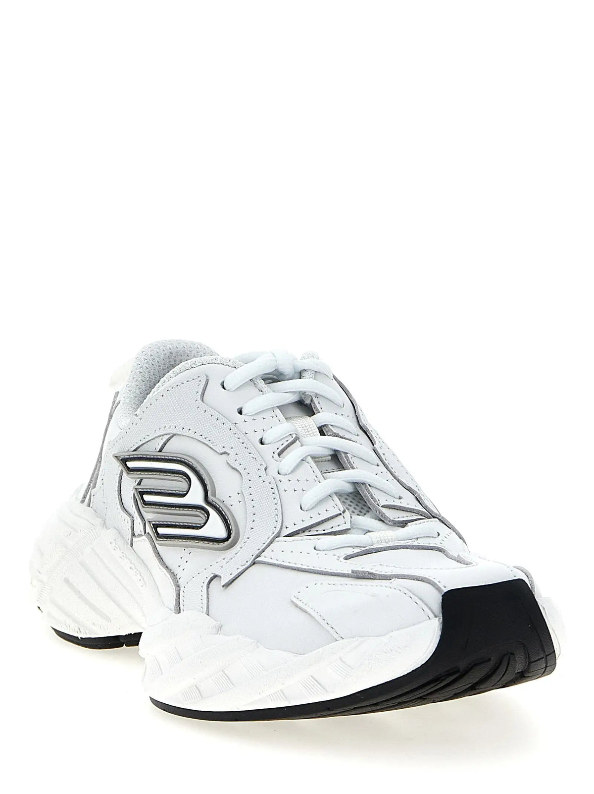 Balenciaga white cowhide athletic sneakers with black accents and bold stylized logo on the side