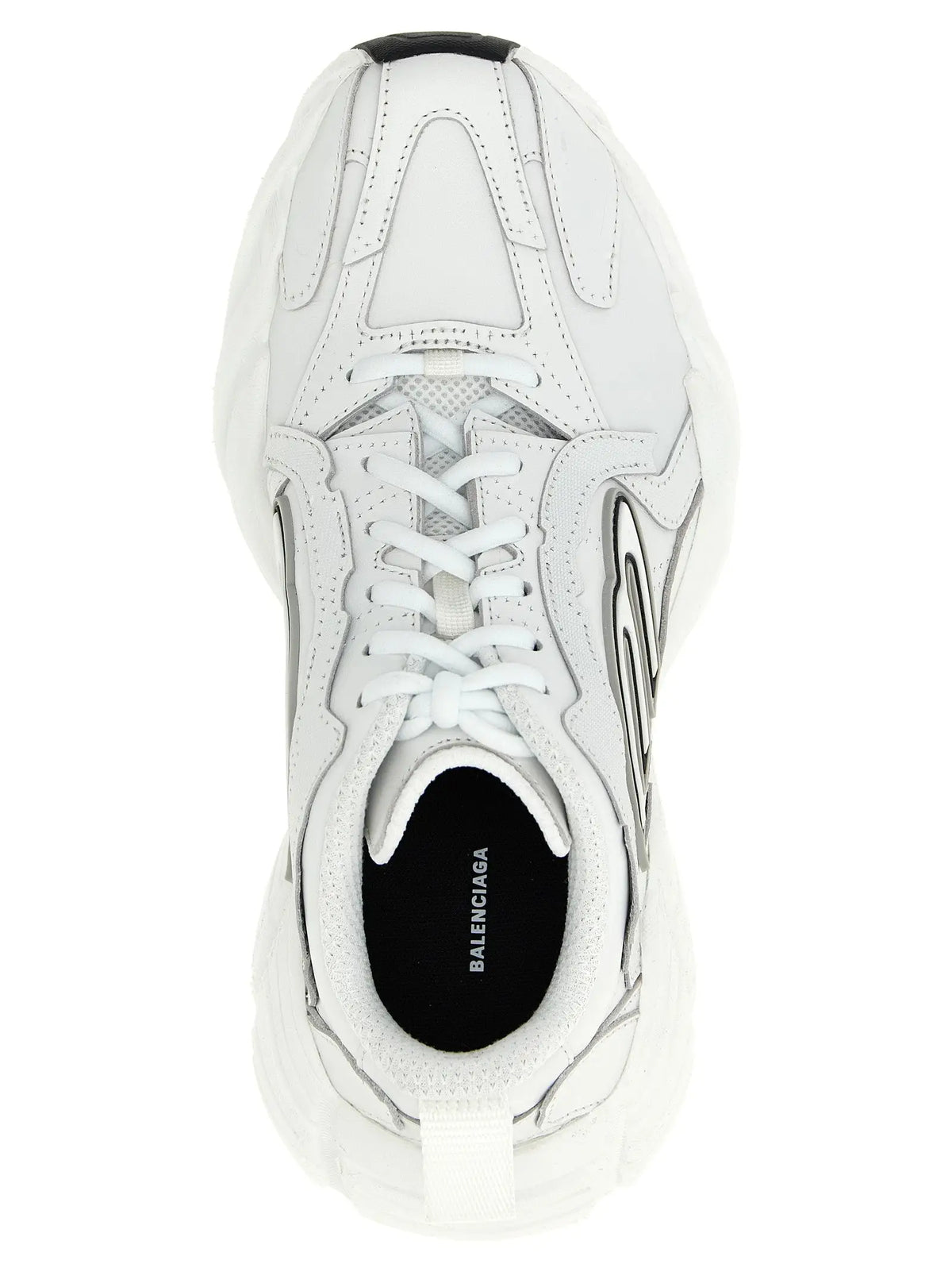 Balenciaga white cowhide athletic sneaker with chunky sculpted sole and black heel tab shown from the back side