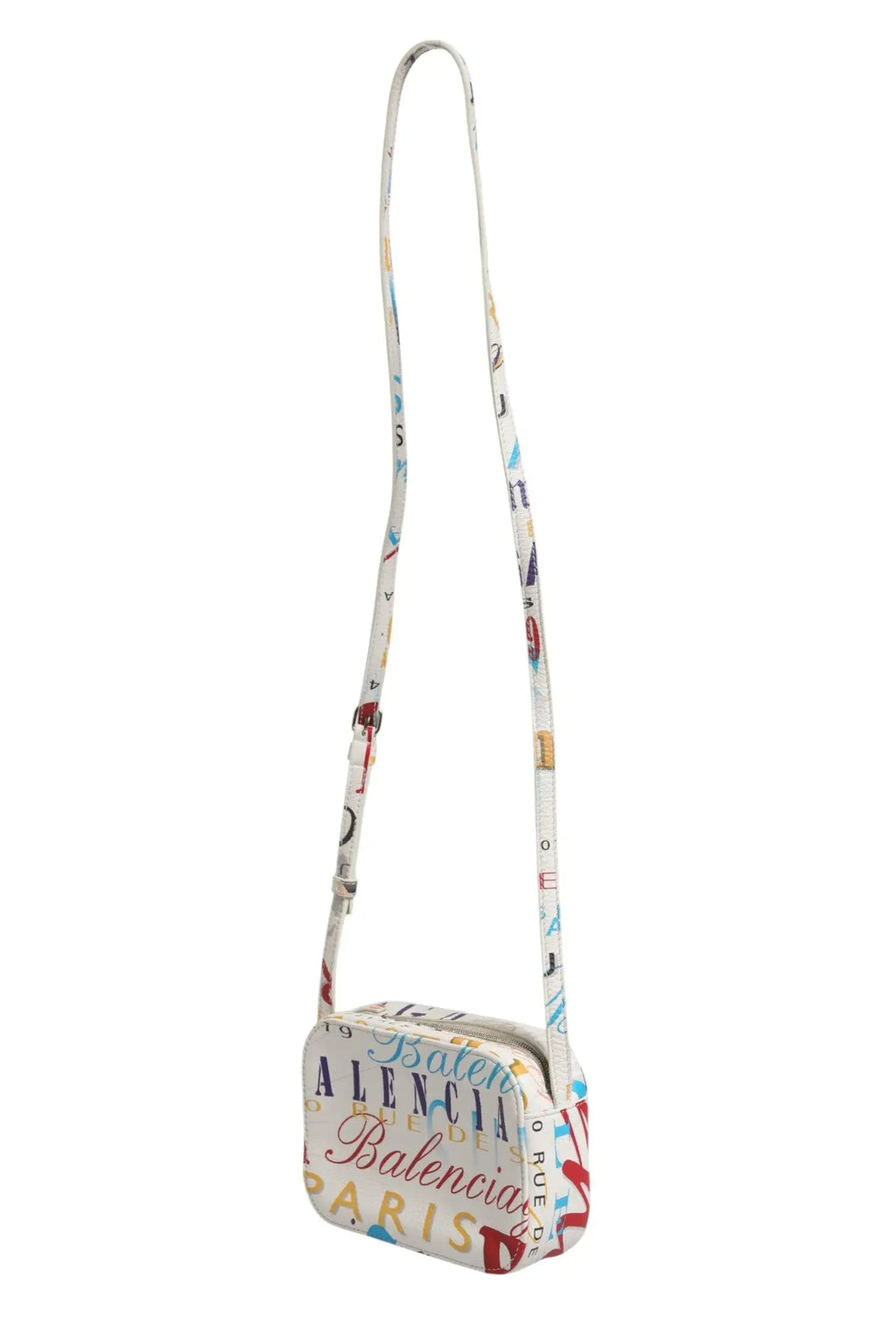 Sac à bandoulière balenciaga blanc en cuir mini city avec imprimé graffiti coloré paris et nom de la marque