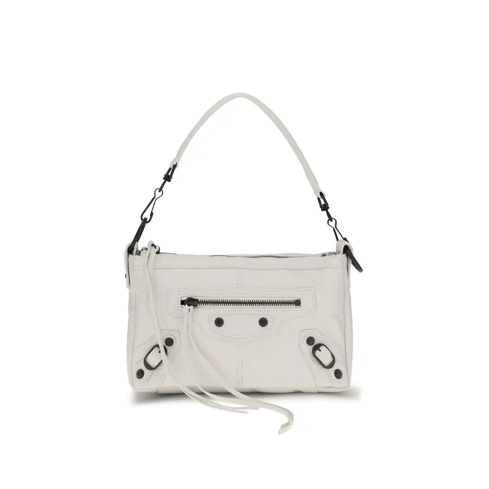 Sac bandoulière balenciaga blanc en cuir dagneau avec une poche avant zippée noire distinctive