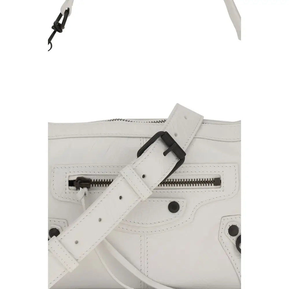 Sac bandoulière balenciaga white lamb ovis aries en cuir blanc avec fermetures éclair et accessoires noirs