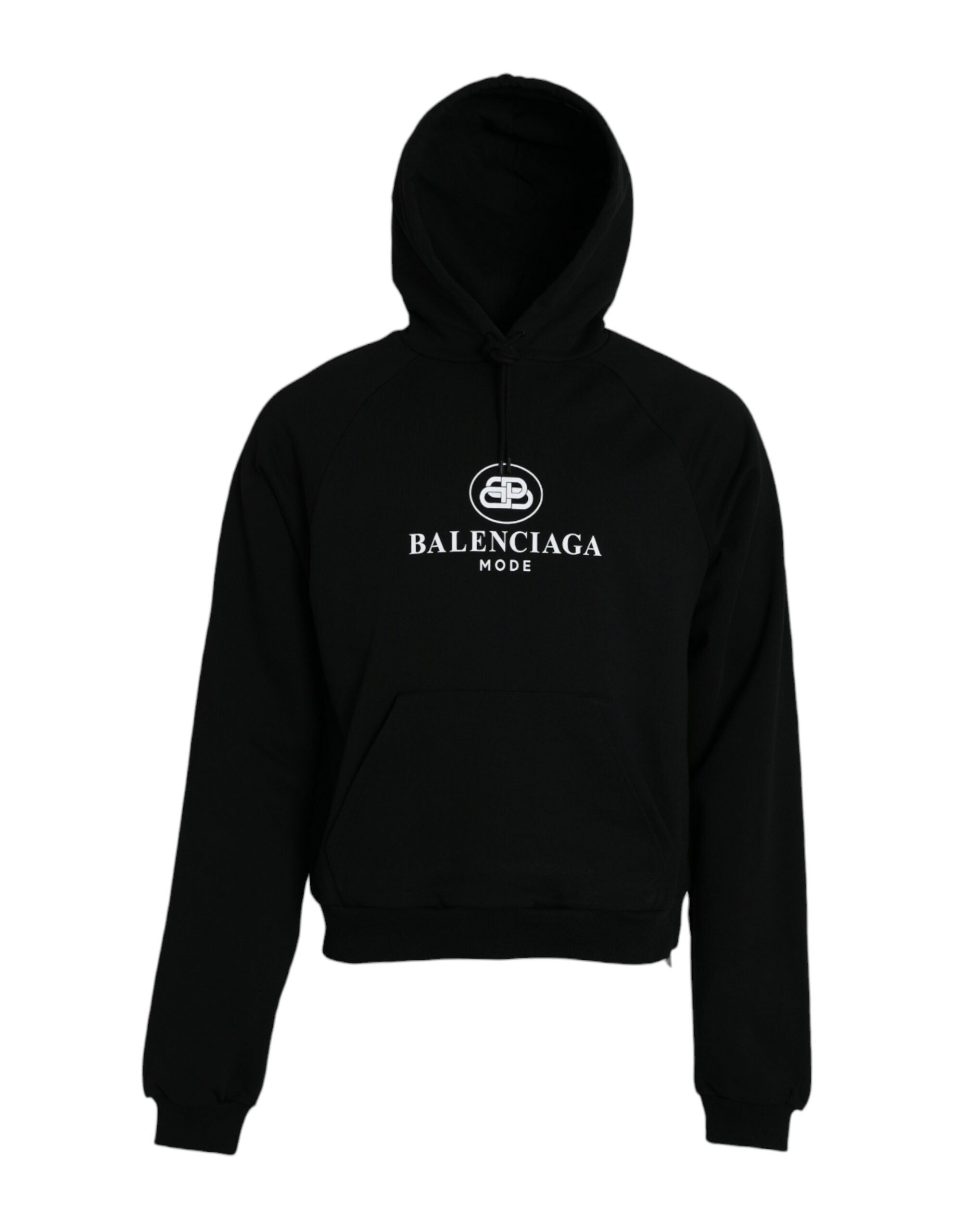 Sweat à capuche en coton noir Balenciaga avec logo, pull-over décontracté et tendance, visible avec capuche et logo sur la poitrine.