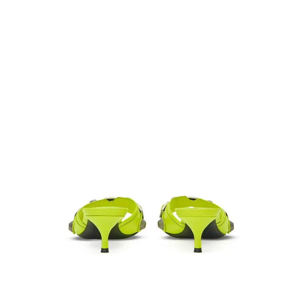 Balenciaga yellow leather mules neon green high-heeled mules with glossy finish and metallic side detailing