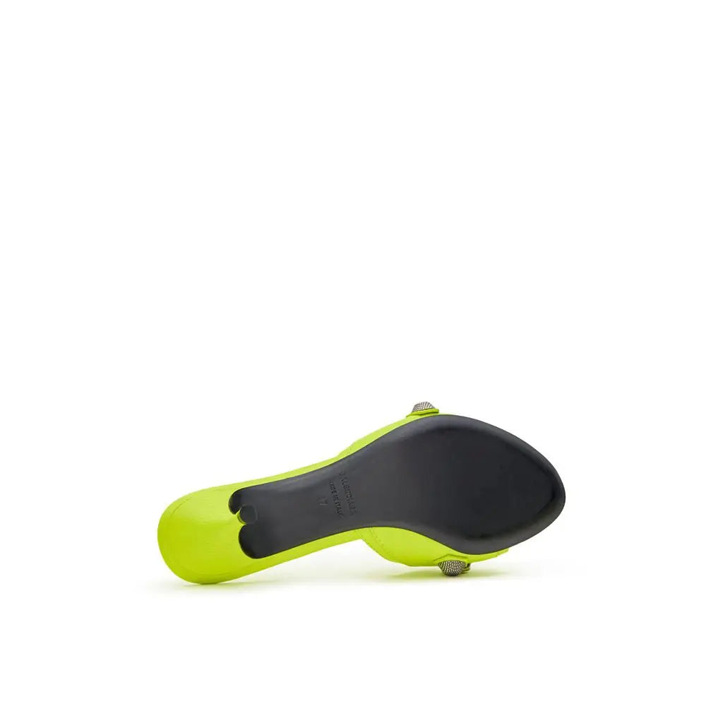 Balenciaga yellow leather mules bright neon green high-heeled sandal with glossy finish and silver hardware accents