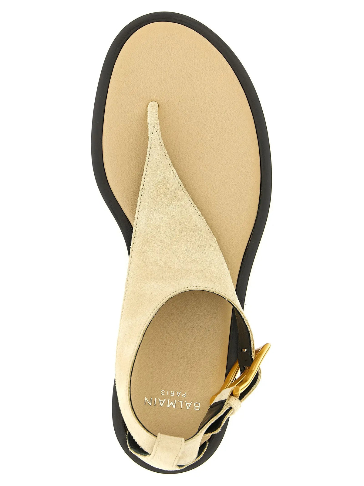 Sandales plates balmain beige en cuir de veau avec lanière en daim beige semelle en caoutchouc noire et boucle dorée
