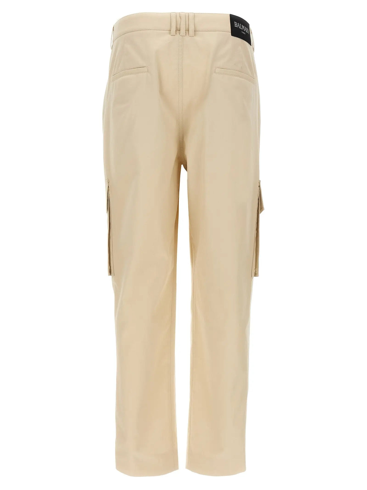 Pantalon cargo beige en coton balmain avec coupe droite et poches latérales avec étiquette de marque au niveau de la taille