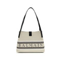 Sac épaule balmain beige en coton avec bandoulières en cuir noir et bande logo rayée audacieuse