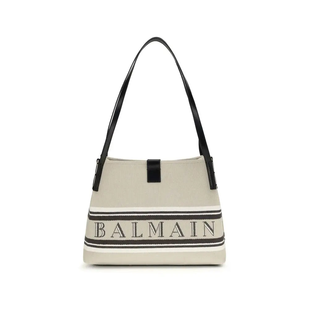 Sac épaule balmain beige en coton avec bandoulières en cuir noir et bande logo rayée audacieuse