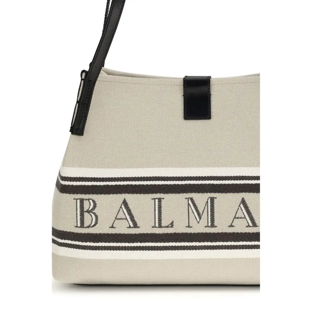 Sac d’épaule en coton beige balmain avec logo balma et accents rayés noir et blanc en toile