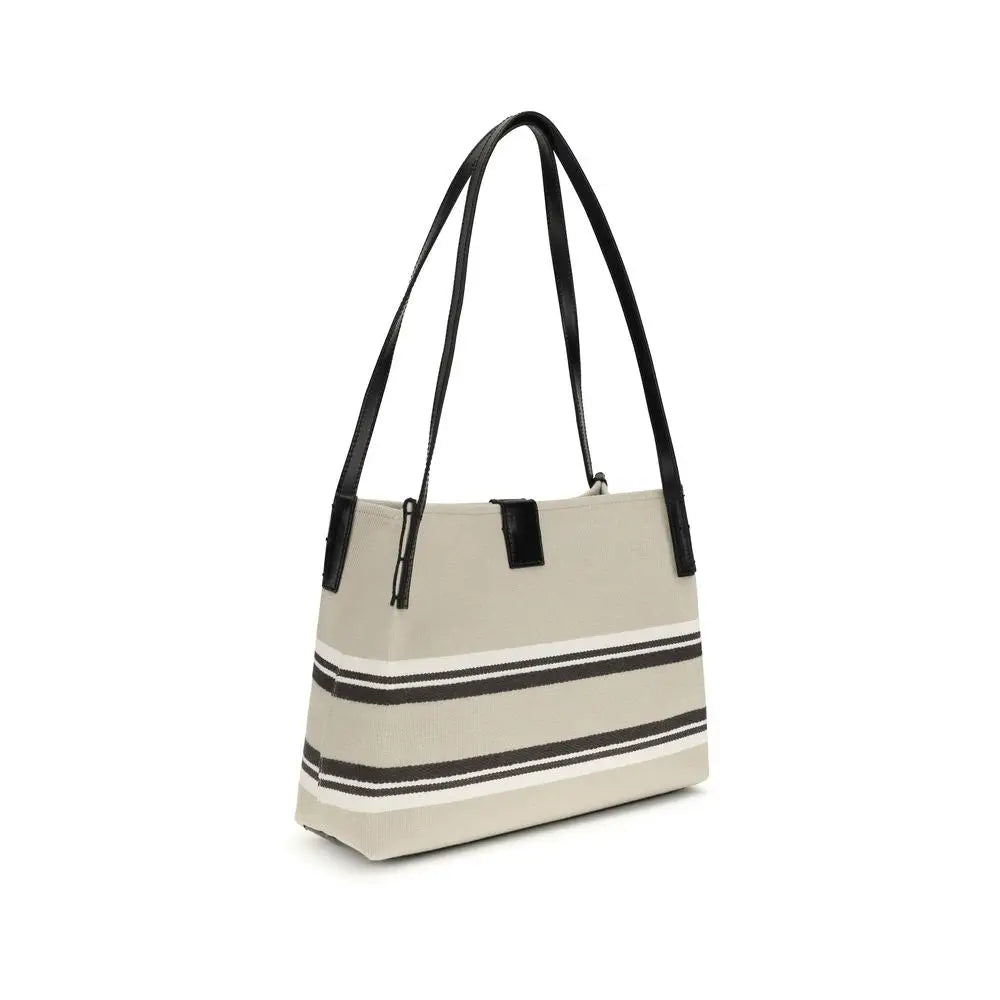 Balmain beige coton sac à bandoulière en toile avec rayures noires et blanches et lanières en cuir noir