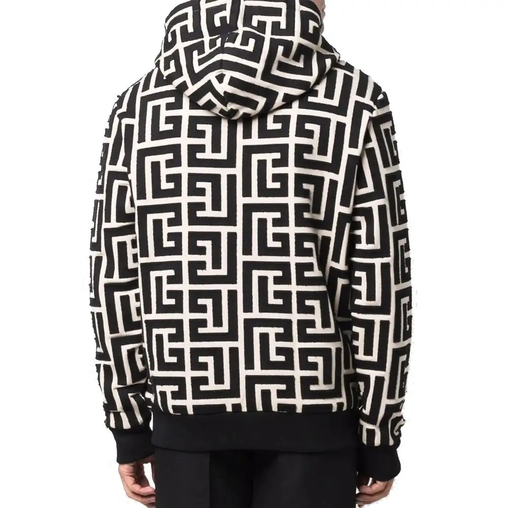 Sweatshirt beige en coton balmain avec motif géométrique noir et blanc en forme de clé grecque
