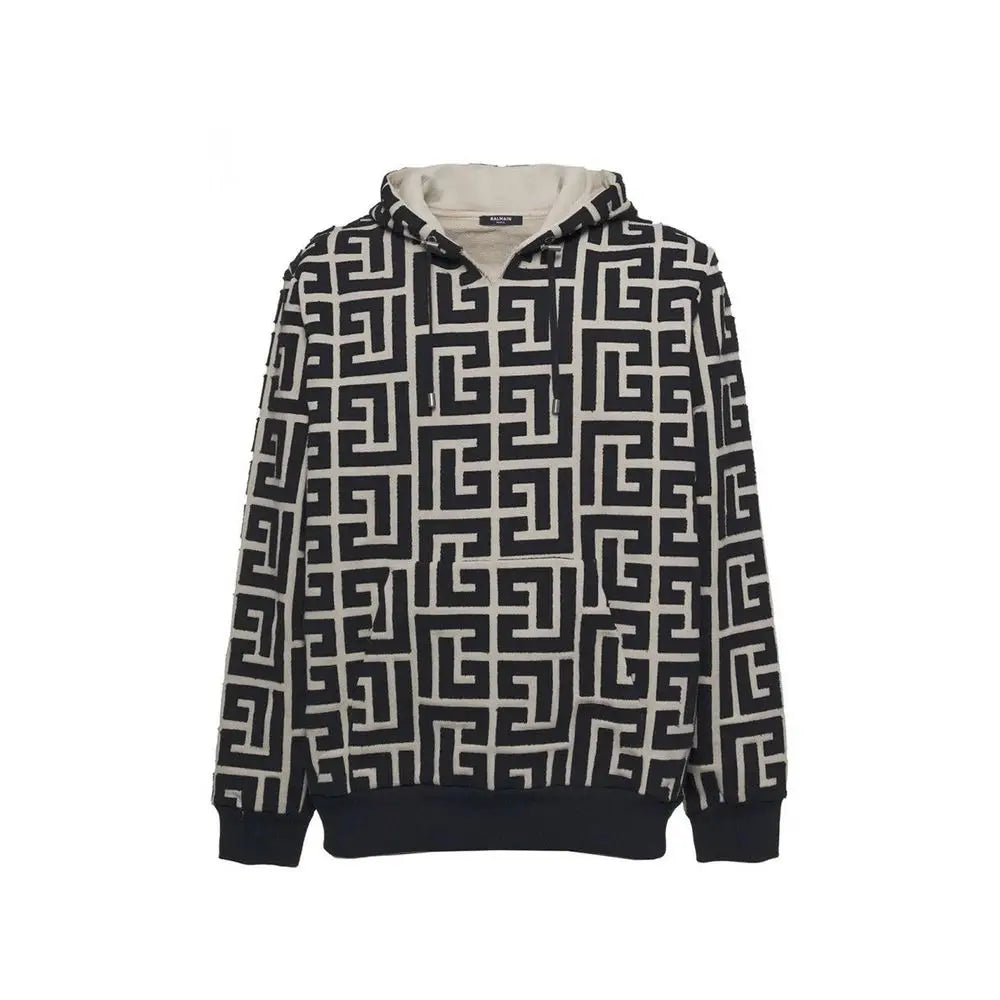 Balmain beige cotton sweatshirt à capuche géométrique noir et crème avec poignets et ourlet côtelés