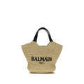 Beige balmain viscose shoulder bag with woven straw texture black leather handles and bold black logo