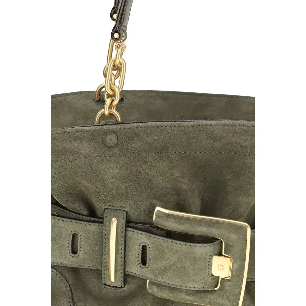 Sac à main balmain bicolor en cuir de veau olive avec chaîne dorée et détail de boucle en daim