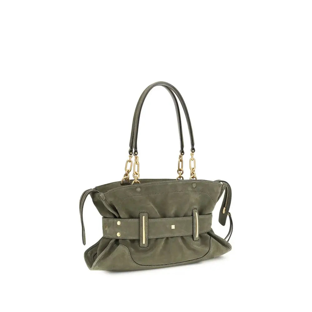 Sac à main balmain bicolor en cuir veau avec design structuré ceinturé et suède vert olive avec ferrures dorées