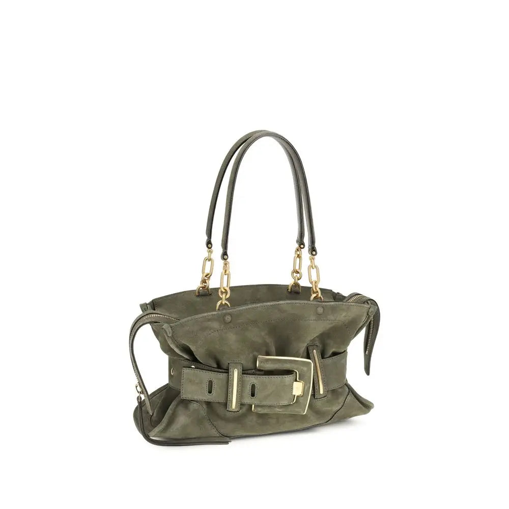 Sac à main balmain bicolor en cuir de veau olive avec daim, boucle ceinture dorée et finition raffinée
