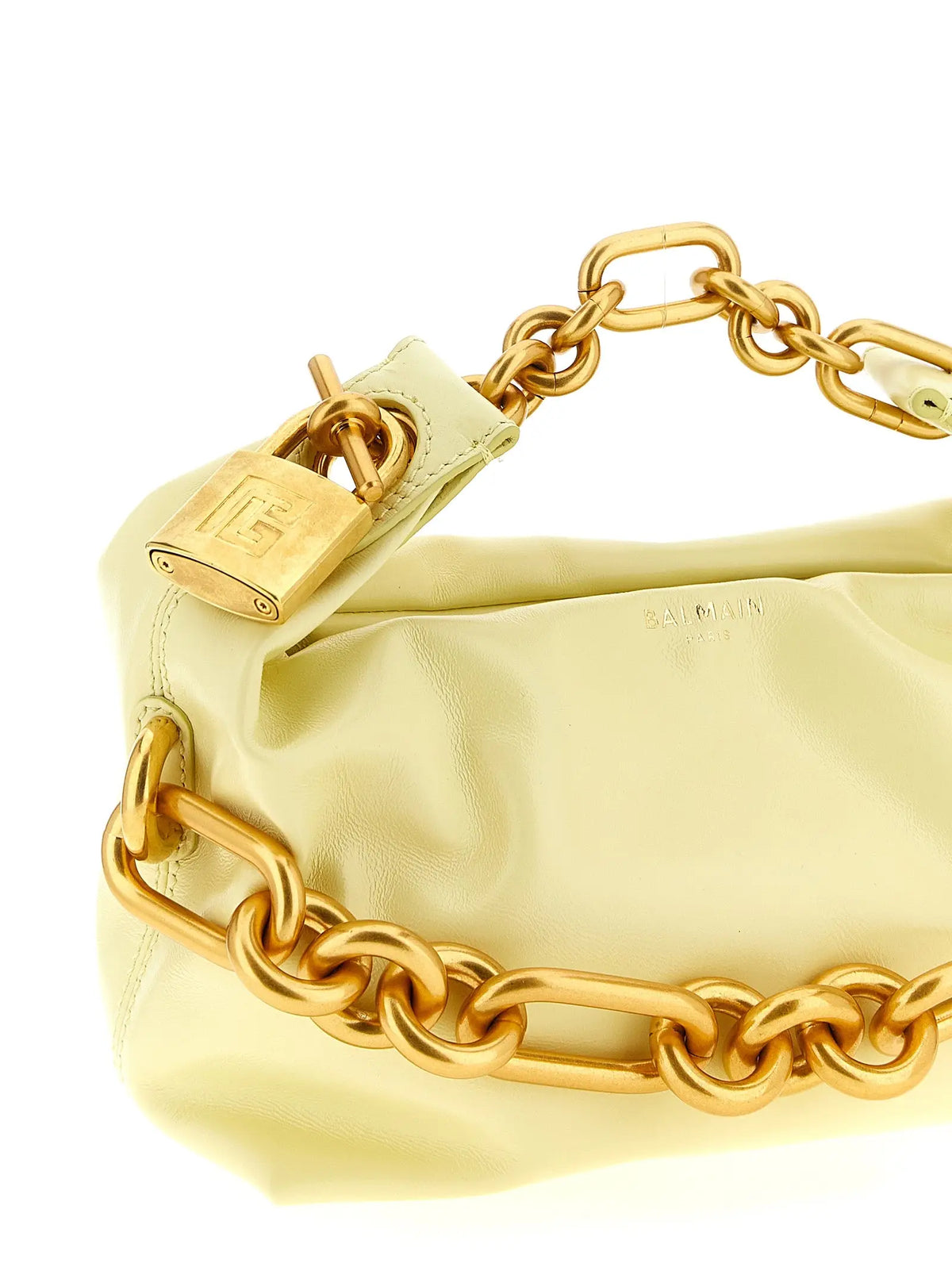 Sac à main Balmain bicolor en cuir de veau jaune pâle avec chaîne dorée audacieuse et fermeture cadenas assortie