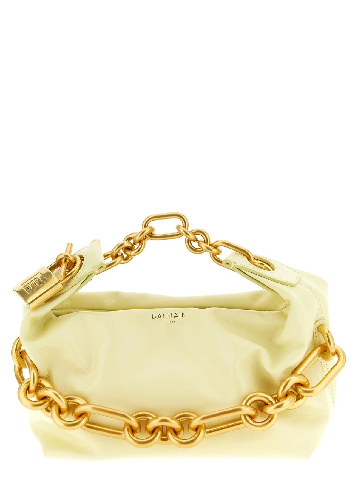 Sac Balmain bicolore en cuir de veau jaune pâle avec une chaîne dorée audacieuse et un fermoir cadenas assorti