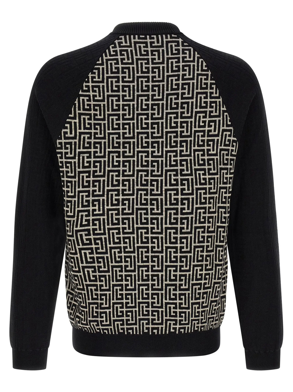 Vue de dos d’un cardigan balmain bicolor en coton avec motif logo géométrique noir et blanc