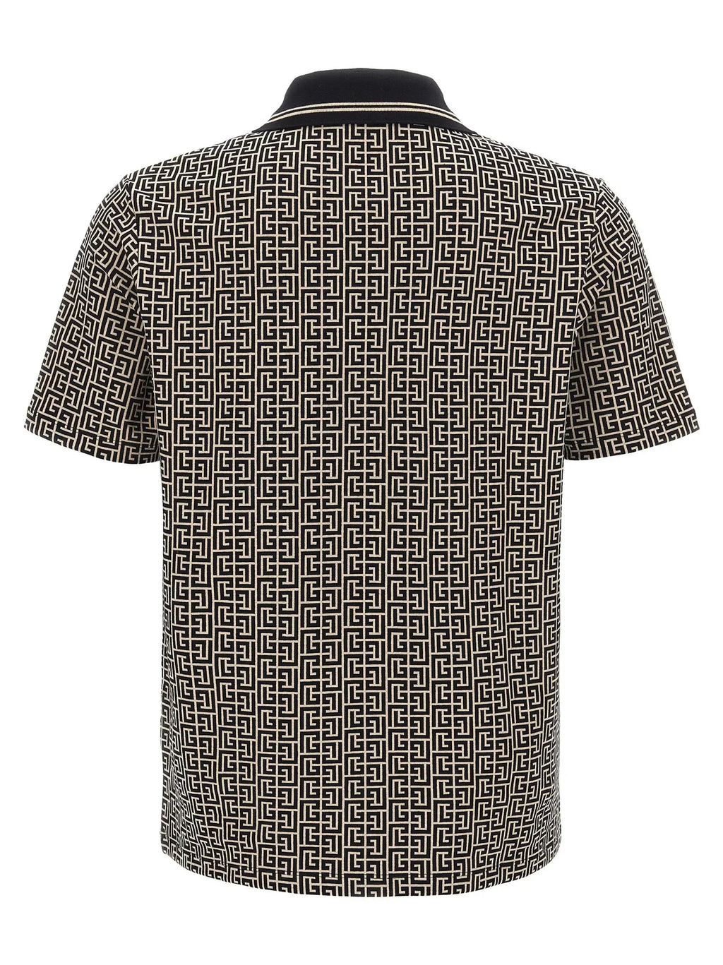Polo balmain bicolor en coton avec motif géométrique noir et crème et col contrastant manches courtes
