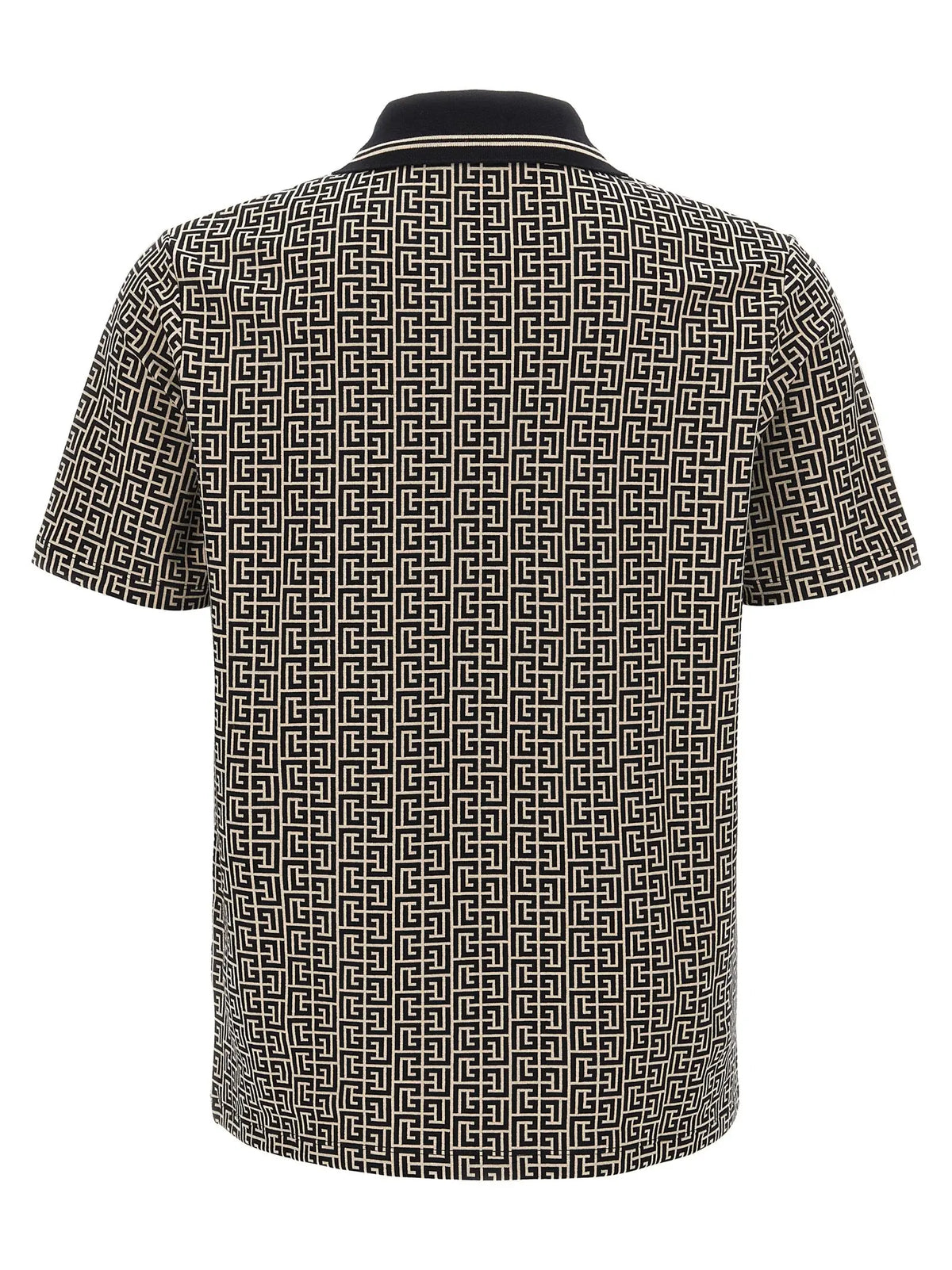 Polo balmain bicolor en coton avec motif géométrique noir et crème et col contrastant manches courtes