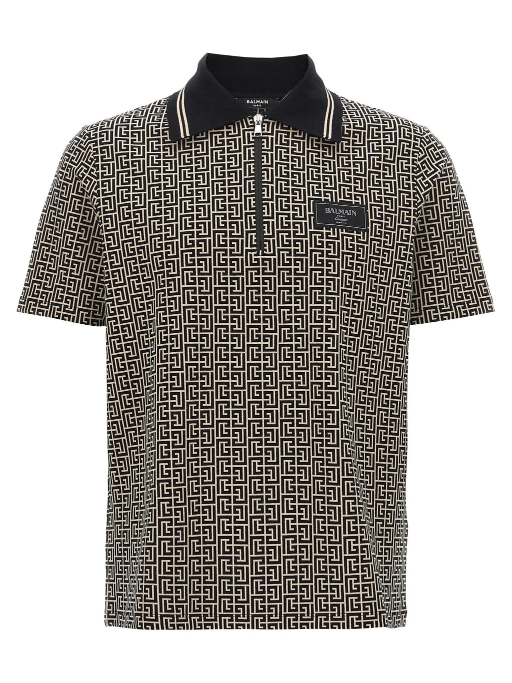 Polo balmain bicolore en coton noir et beige avec motif géométrique répété col zippé et patch logo marque