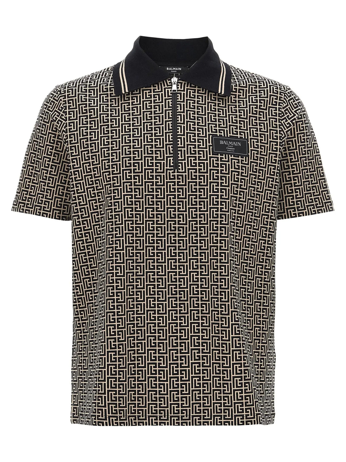 Polo balmain bicolore en coton noir et beige avec motif géométrique répété col zippé et patch logo marque