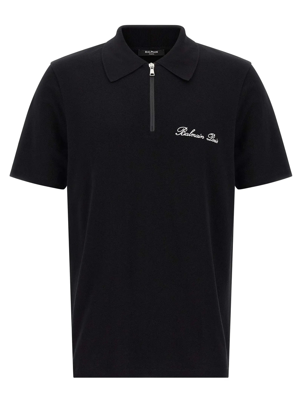 Polo balmain paris en coton bicolore noir avec demi-fermeture éclair et logo blanc brodé sur la poitrine