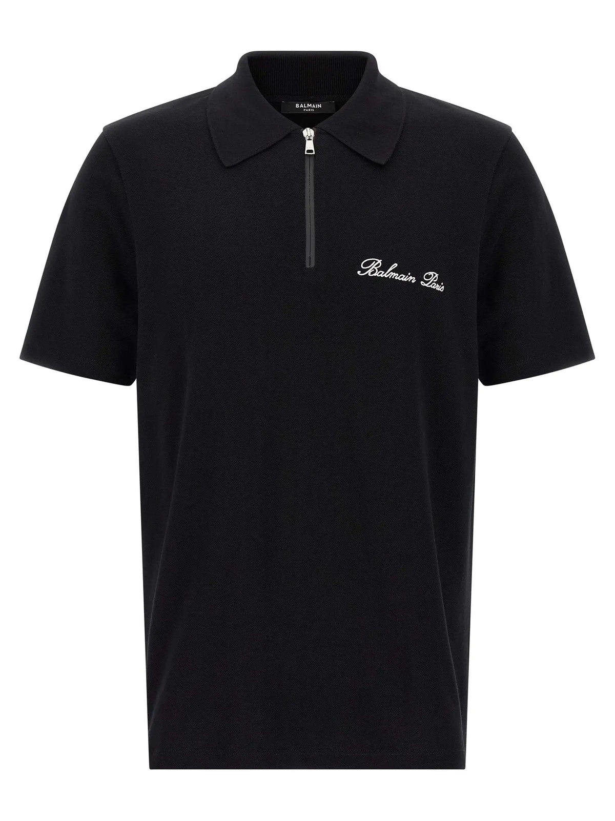 Polo balmain paris en coton bicolore noir avec demi-fermeture éclair et logo blanc brodé sur la poitrine