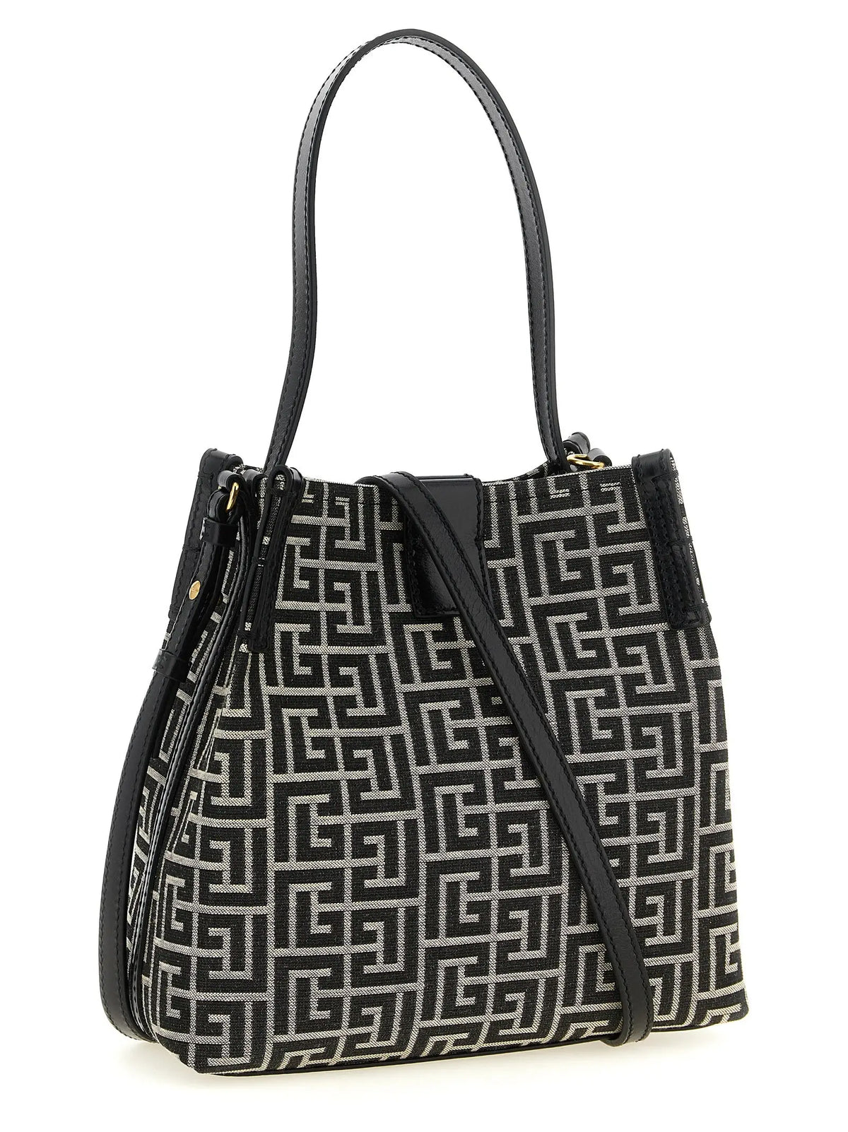 Balmain bicolor cotton shoulder bag noir et blanc avec motifs géométriques et anses en cuir