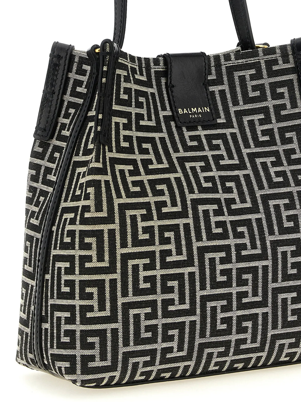 Sac à bandoulière balmain bicolor en coton avec motif géométrique noir et argent et garniture en cuir