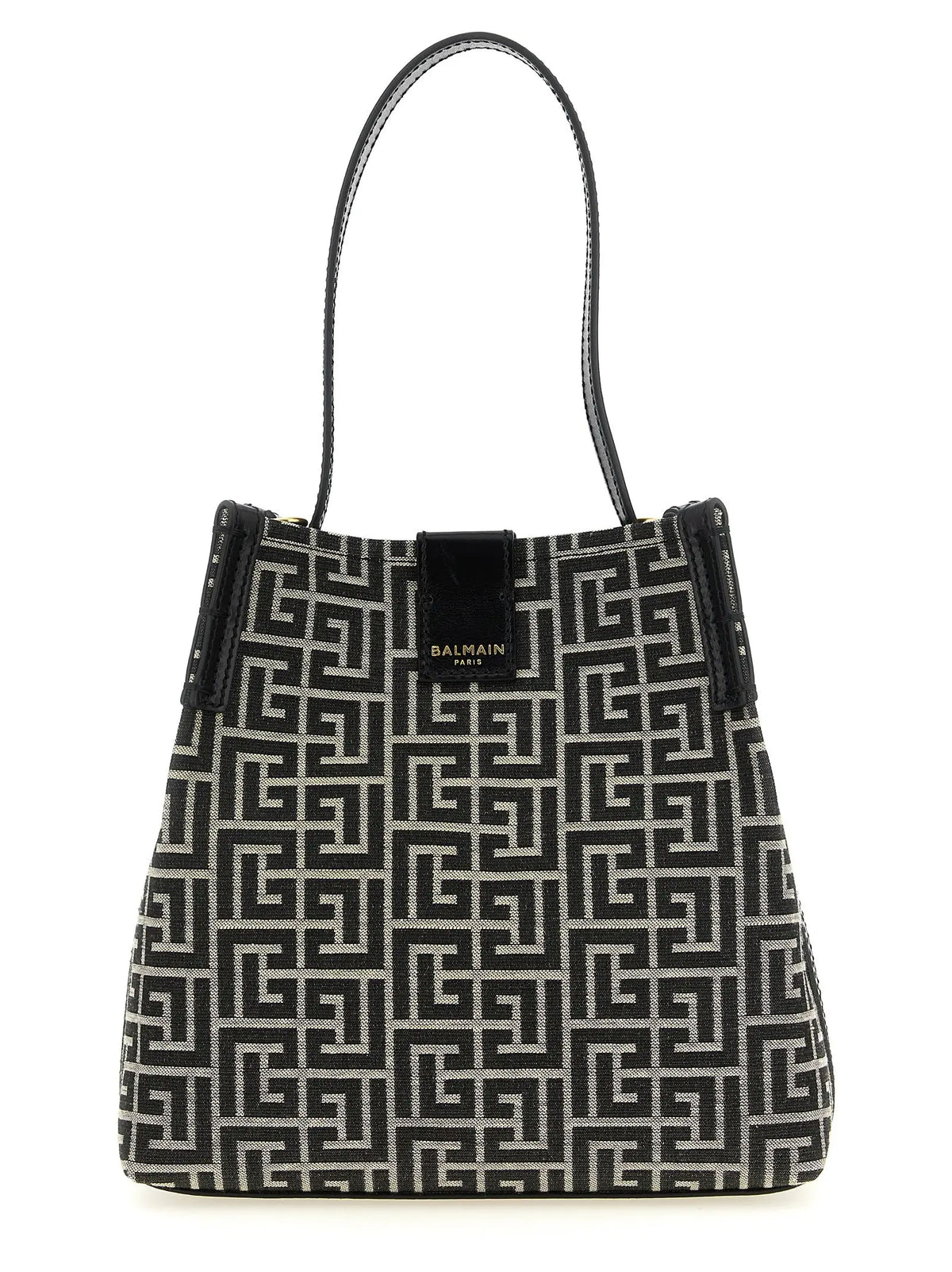 Sac bandoulière balmain bicolor en coton avec poignée en cuir motif géométrique noir et blanc