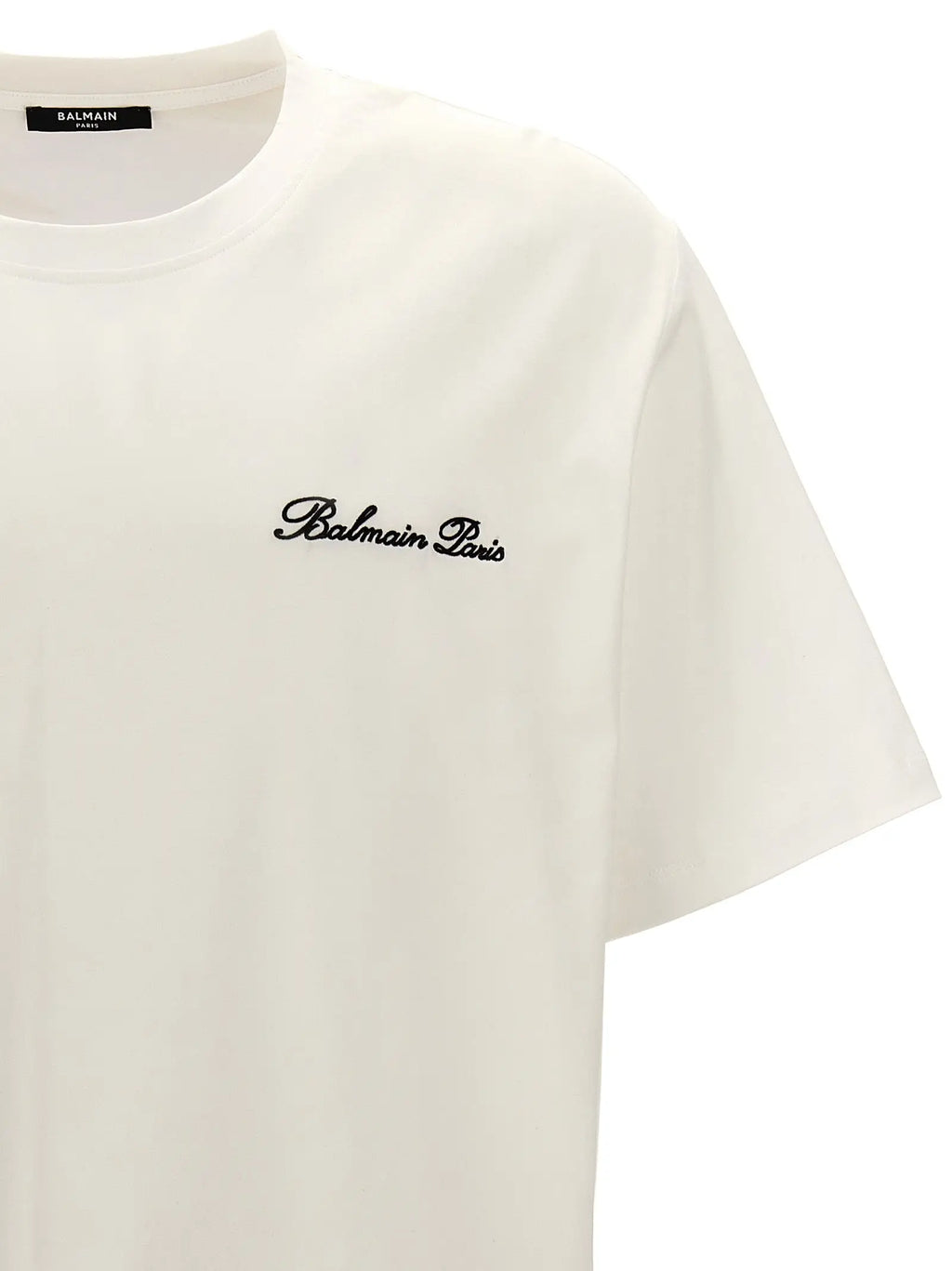T-shirt balmain bicolor en coton off-white avec logo brodé noir sur la poitrine col rond