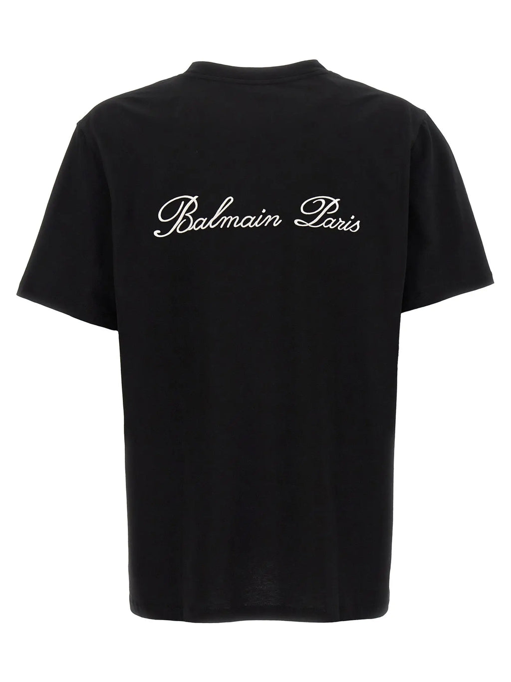 Vue arrière d un t shirt balmain bicolor en coton noir avec broderie blanche cursive paris