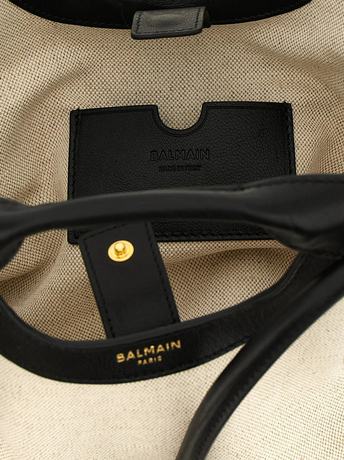 Balmain bicolor cotton tote bag with black leather tag featuring gold balmain paris lettering and a small golden rivet