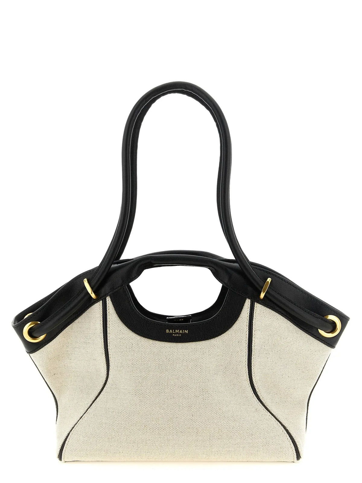 Beige canvas tote bag balmain bicolor with black leather handles trim and gold-tone hardware