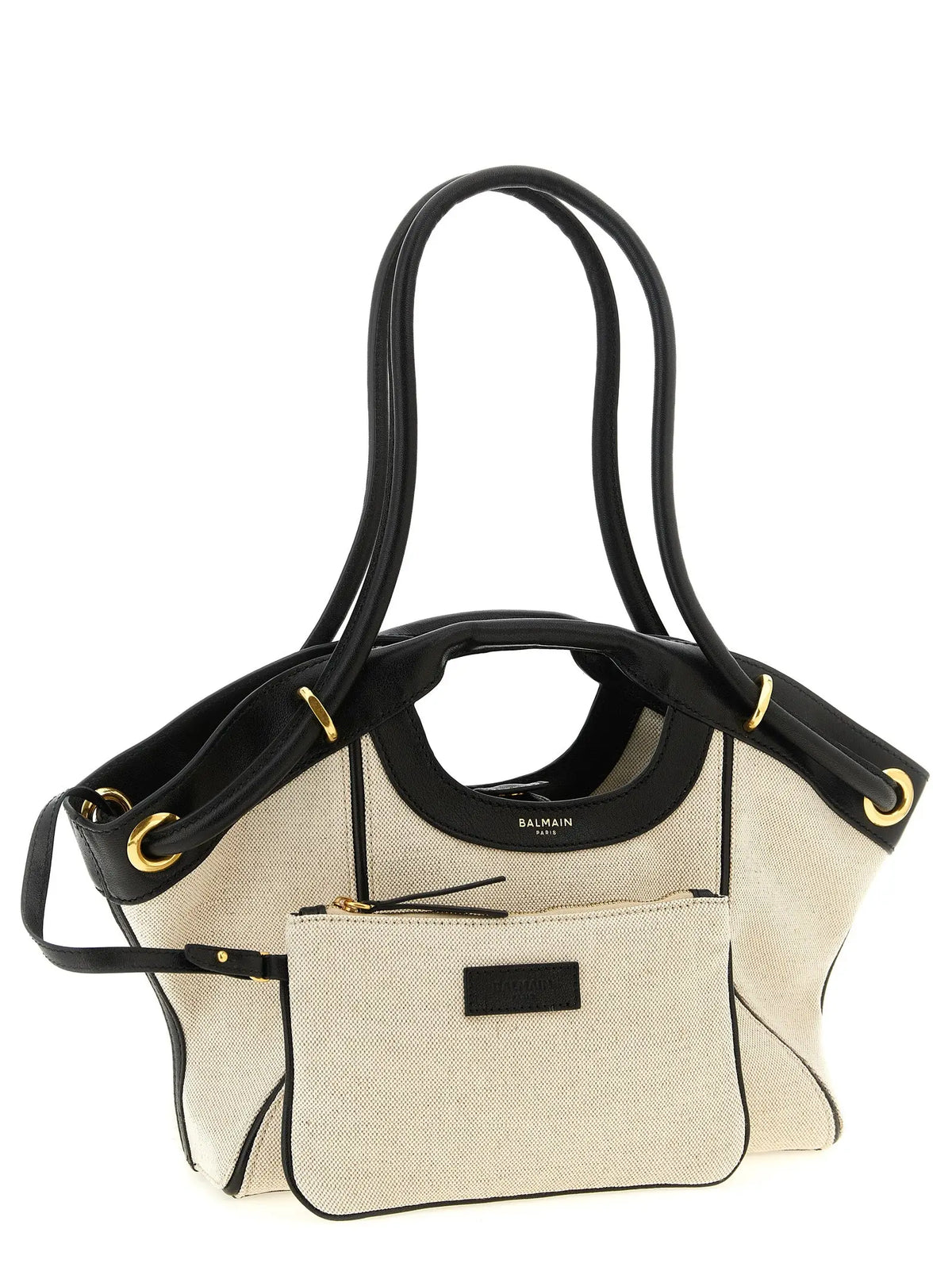 Sac fourre-tout balmain bicolor en coton beige avec garniture en cuir noir et poche zippée avant avec logo paris