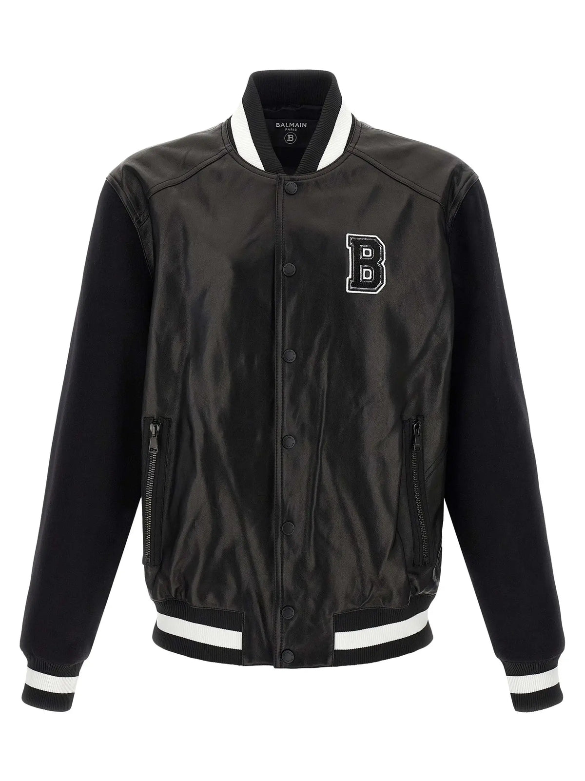 Veste bomber balmain bicolor noire en cuir dagneau avec corps en satin brillant manches matte et logo brodé blanc